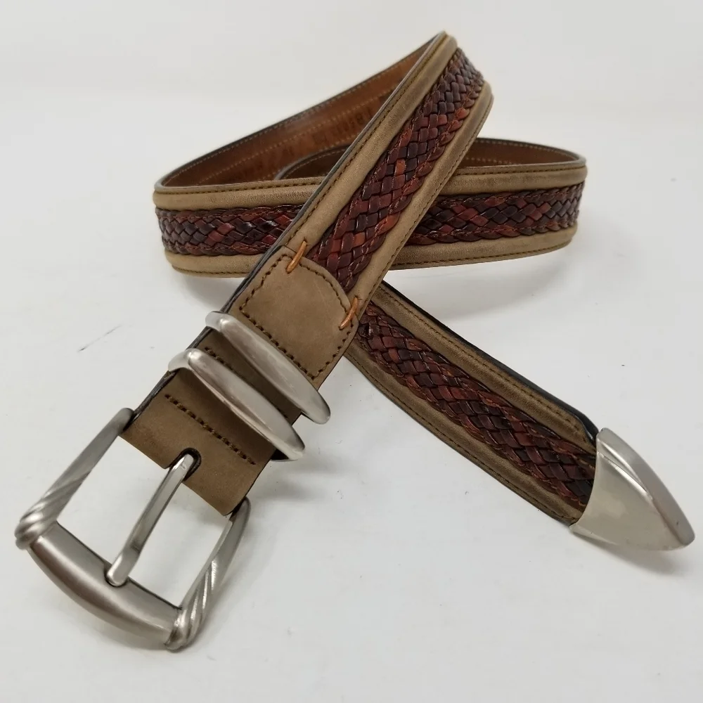 Tommy Bahama Braided Leather Belt Men's Size 36 Brown Tan Western Silver Tone
